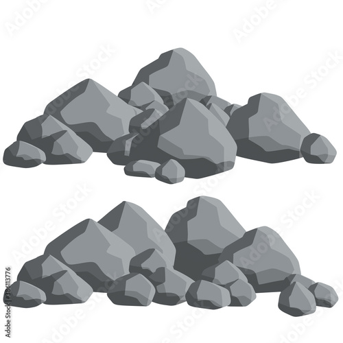 Natural wall stones and smooth and rounded grey rocks. Element of forests, mountains and caves with cobblestone. Cartoon flat illustration