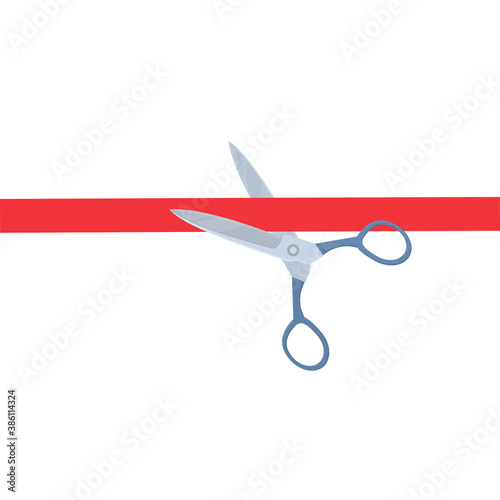 Scissors cut red ribbon, vector illustration