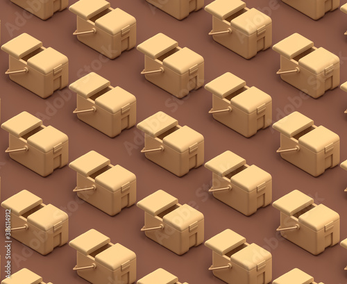 Isometric camping ice box and cooler, monochrome yellow camping equipment on brown background, 3D Rendering