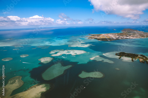 Aerial Kaneohe Bay Sandbar is the largest sheltered body of water in the main Hawaiian Islands. Oahu Hawaii. 