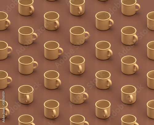 Multiple tea cups in grid array on the brown background, monochrome single flat colors, 3d rendering, camping equipments