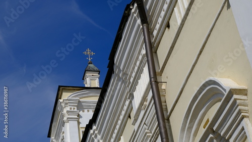  Details and elements of the facade of the building. Russian architecture, background image for web design.