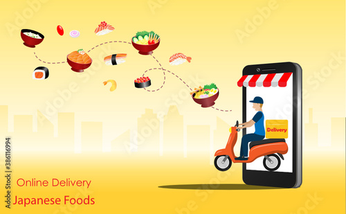 Delivery man riding motorbike from smart phone screen deliver  foods to customer with spreading of sushi, ramen and japanese food. Online food delivery, Japanese cusisine concept. Vector Illustration. photo