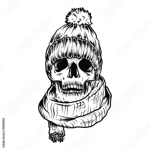tattoo and t-shirt design black and white hand drawn human skull with winter hat and scarf 