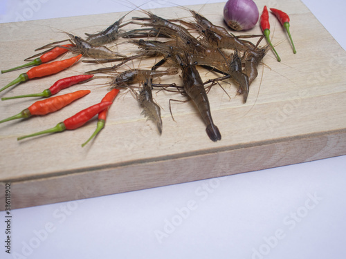 shrimp on a wooden board photo