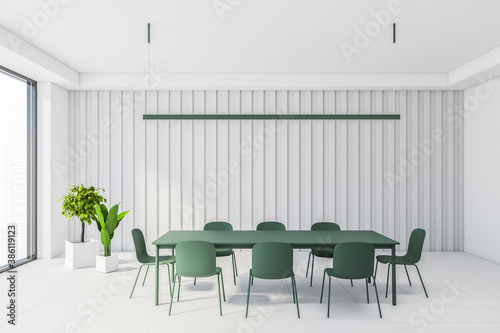White dining room interior with green table