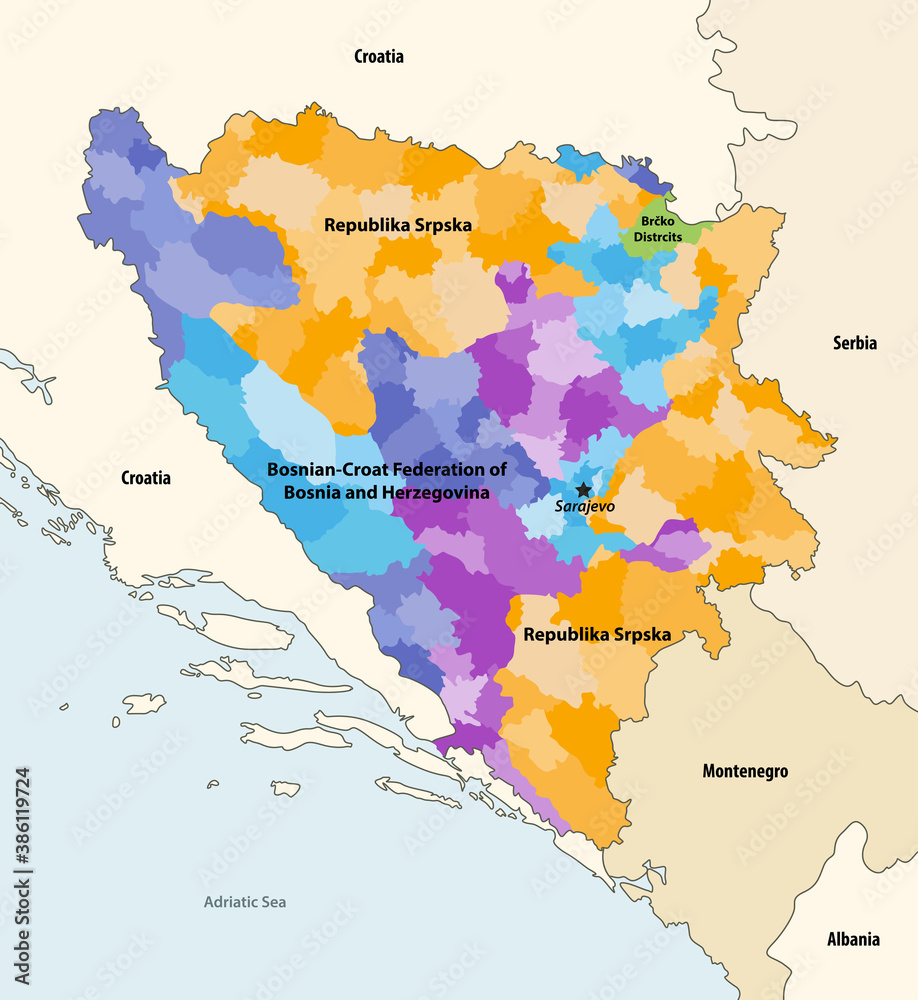 Vector map of municipalities of Bosnia and Herzegovina colored by ...
