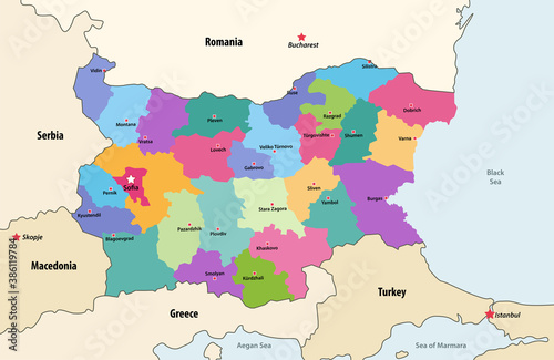 Bulgaria provinces with neighbouring countries and territories vector map