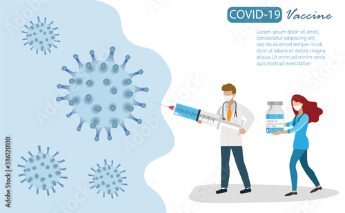Doctor team holding covid-19 vaccine syringe and vaccine tube fighting with coronavirus. Idea for medical team effort and world hope for COVID-19 vaccine to save mankind lives.