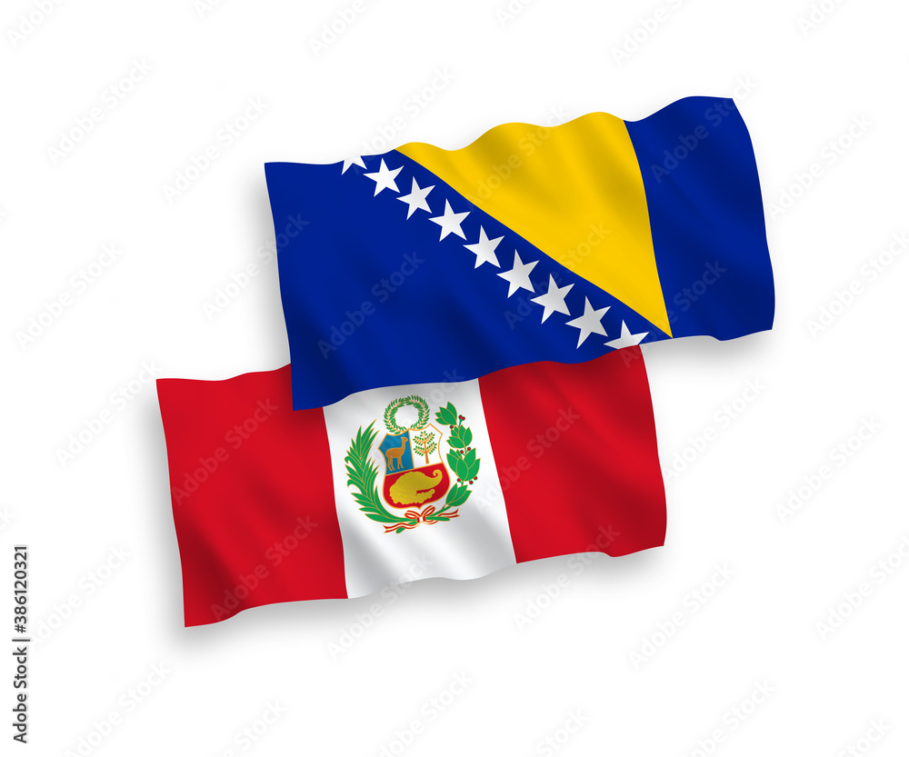 Flags of Bosnia and Herzegovina and Peru on a white background