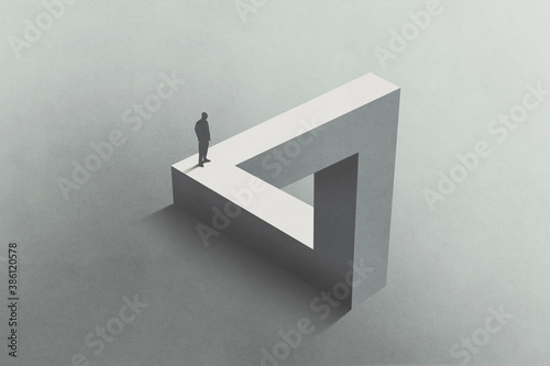 Illustration of man walking on Penrose triangle, surreal concept photo