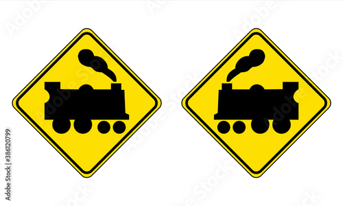 Railway level crossing ahead (right, left) road sign. Vector illustration of warning for a railroad crossing without barrier or gate. Yellow diamond shaped traffic signs with train icon inside.