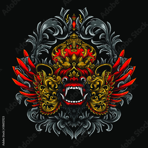 artwork illustration and t-shirt design barong engraved ornament premium vector