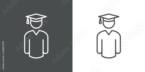 Acto de graduación. Icono lineal estudiante graduado con birrete en fondo gris y fondo blanco