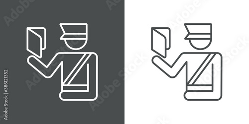Control de pasaportes. Icono lineal agente de aduana con pasaporte abierto en fondo gris y fondo blanco