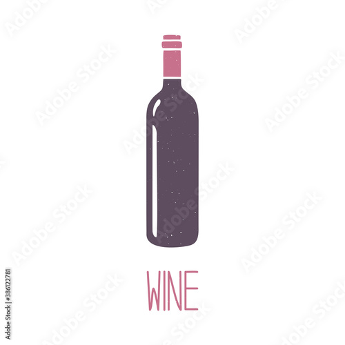 Cute caption bottle of red wine isolated on white background. Cozy pictogram original design. Vector shabby hand drawn illustration