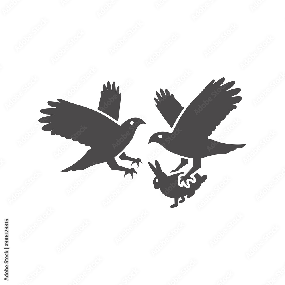Birds of prey fight for the rabbit icon in flat style.Vector illustration. Birds of prey fight for the rabbit icon in flat style.Vector illustration.