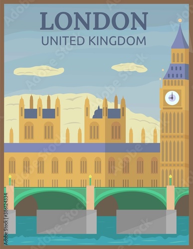 Illustration vector design of retro and vintage travel poster of big ben in London, United Kingdom
