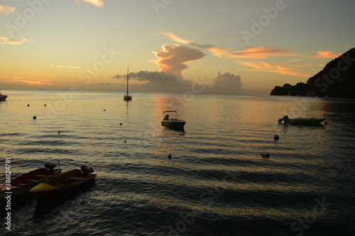 The stunning bay of Soufriere at the foot of the two Piton mountains in Saint Lucia, Caribbean Ocean photo