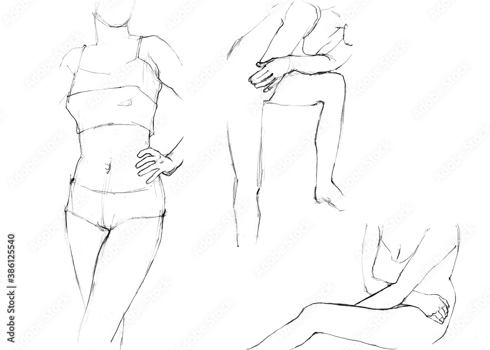 Three women hand drawn in lingerie in different poses