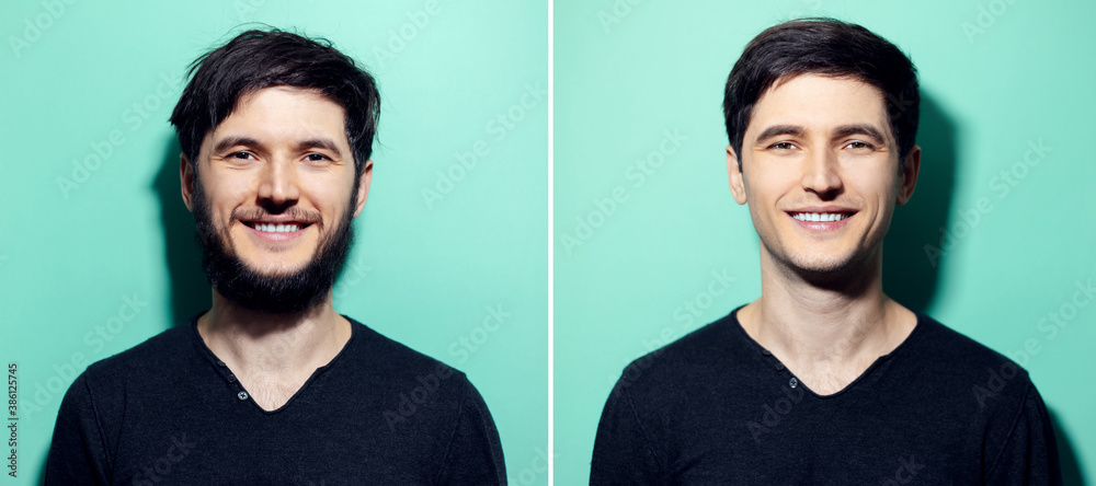 Collage portraits of young smiling man; before and after shaved ...