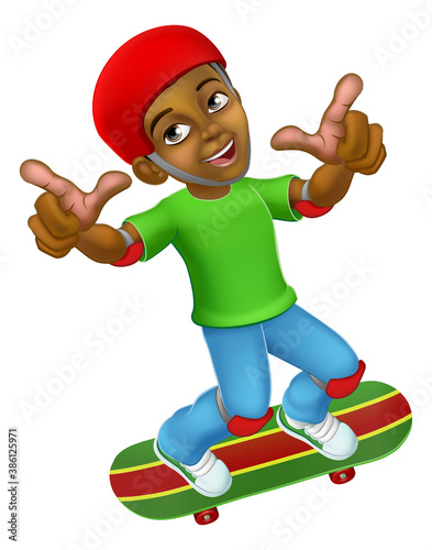 A boy child or kid skateboarding on a skateboard cartoon character