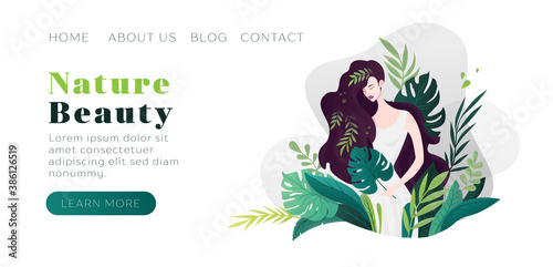 Nature beauty girl. Vector modern abstract illustration for website and mobile website development. Green leaves, natural products, cosmetics, body care, healthy life