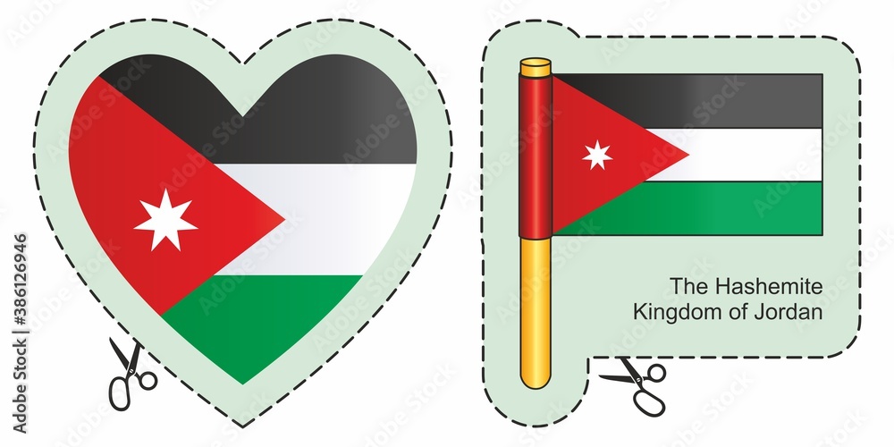 Flag of Jordan, Hashemite Kingdom of Jordan. Vector cut sign here, isolated on white. Can be used for design, stickers, souvenirs. Flag of Jordan, Hashemite Kingdom of Jordan. Vector cut sign here, isolated on white. Can be used for design, stickers, souvenirs.