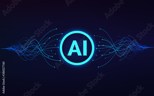 Artificial intelligence. AI text in center and moving blue waves. Machine learning and data analytics. Vector
