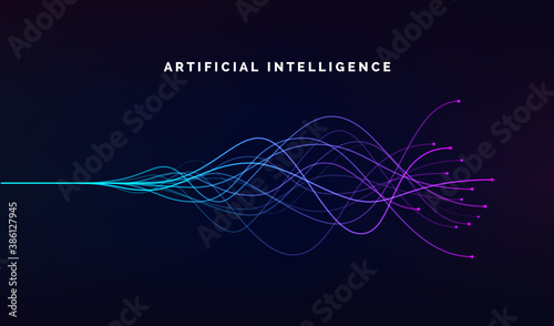 Artificial intelligence ai and deep learning concept of neural networks. Wave equalizer. Blue and purple lines. Vector illustration