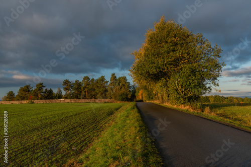 Sunrise time near Ceske Budejovice city in autumn color morning