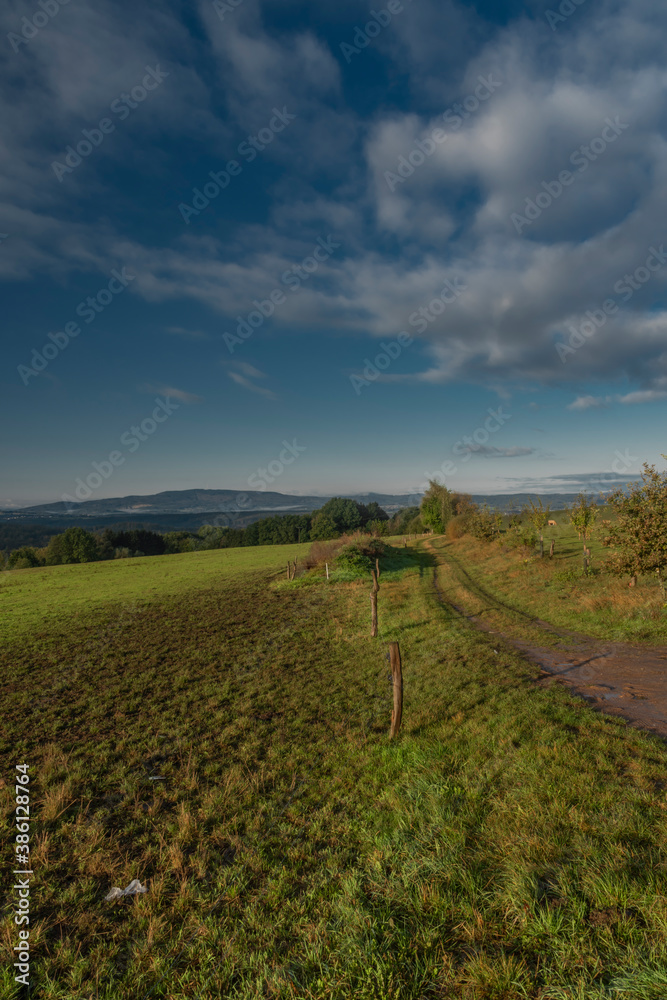 Obraz premium Sunrise time near Ceske Budejovice city in autumn color morning