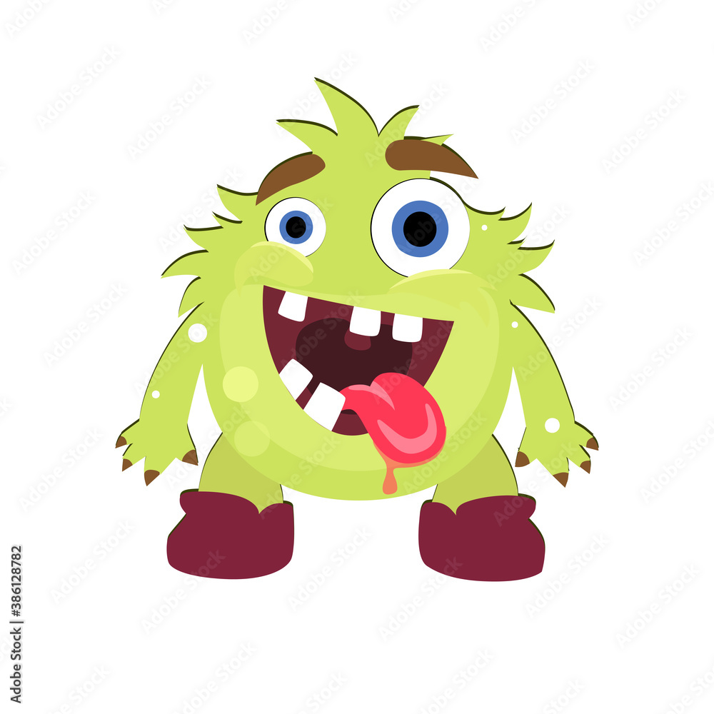 Mad green monster with opening mouth and stick out tongue Mad green monster with opening mouth and stick out tongue