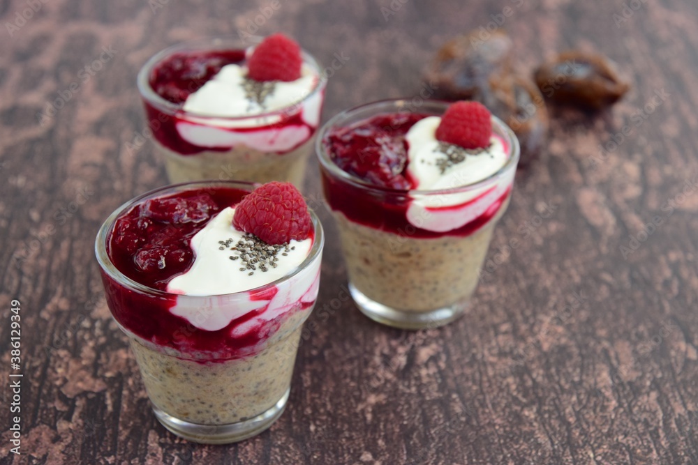 Chia date pudding with yogurt and raspberry sauce Chia date pudding with yogurt and raspberry sauce