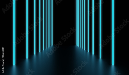 Fototapeta Naklejka Na Ścianę i Meble -  Blue vertical glowing lines. Background of an empty room with neon lights.