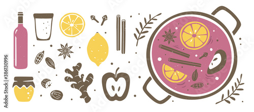 Cute Mulled wine set. Cozy header or banner on a white background. Winter season hot drink original design. Vector shabby hand drawn illustration