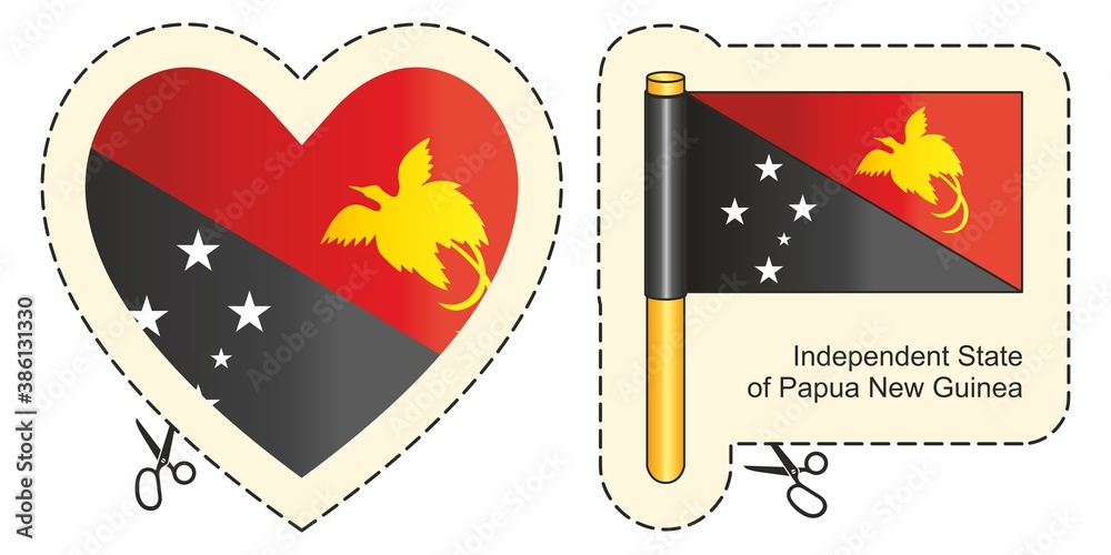 Flag of Papua New Guinea. Vector cut sign here, isolated on white. Can be used for design, stickers, souvenirs. Flag of Papua New Guinea. Vector cut sign here, isolated on white. Can be used for design, stickers, souvenirs.