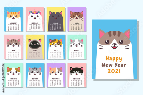 Cute face cat calendar 2021 template