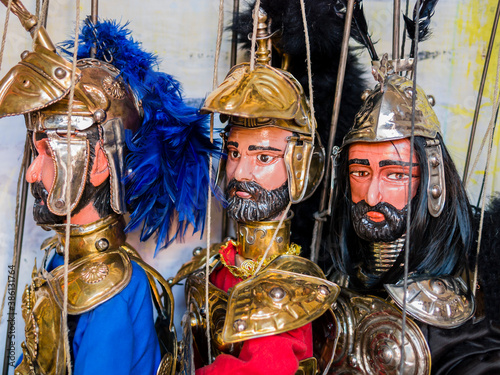 Traditional Pupo Siciliano with metal knight armor, used for sicilian puppets theater 