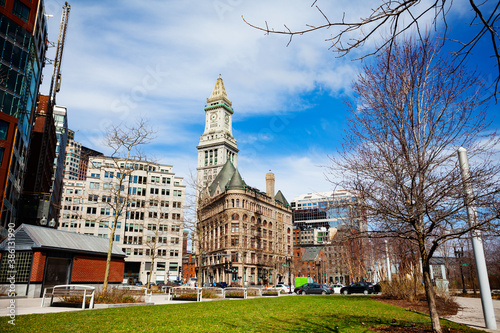 View of Rose Kennedy Greenway and central street buildings of Boston downtown