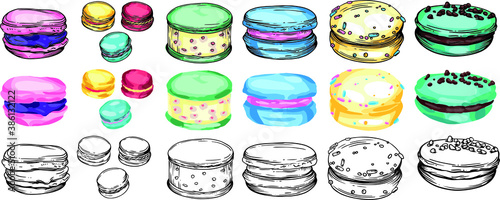 Vector set of macarons cookies of different colors. Color illustration and black and white line. Macaroons images for menus, flyers, banners, and covers.