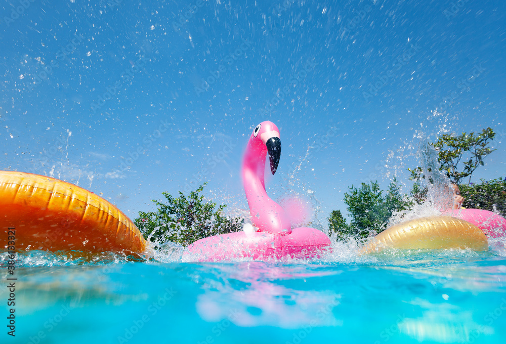 Fototapeta premium Funny action photo in the outdoor swimming pool with splashes of inflatable flamingo and doughnuts buoys rings