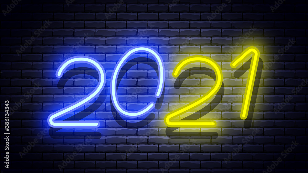 2021 New Year glowing neon signboard on brick wall. Vector illustration. 2021 New Year glowing neon signboard on brick wall. Vector illustration.