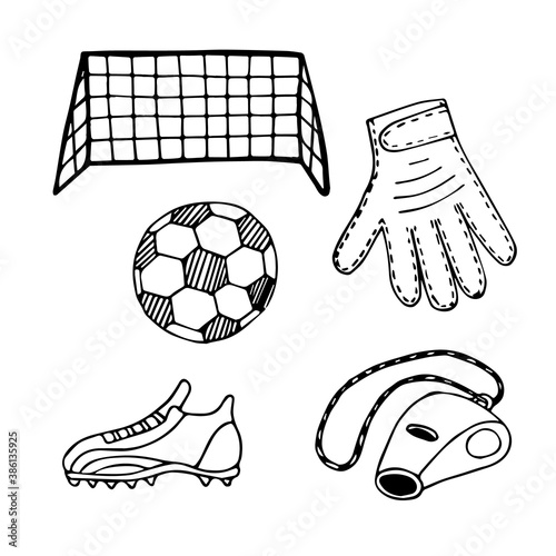 Football goalkeeper doodles. Hand drawn black and  white elemetns. Stock vector illustration.