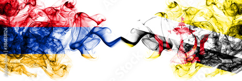 Armenia vs Brunei, Bruneian smoky mystic flags placed side by side. Thick colored silky abstract smoke flags