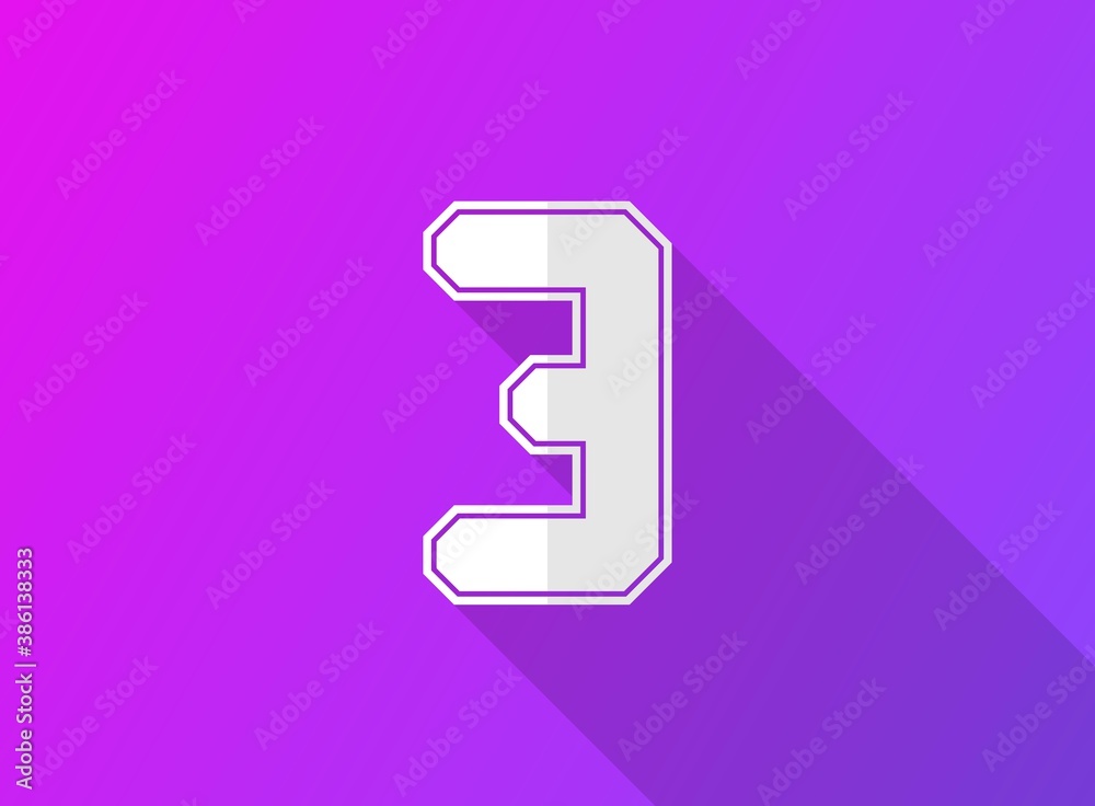 3 font number, modern dynamic design with long shadow on purple gradient background. For logo, brand label, design elements, application and more. Vector illustration 3 font number, modern dynamic design with long shadow on purple gradient background. For logo, brand label, design elements, application and more. Vector illustration