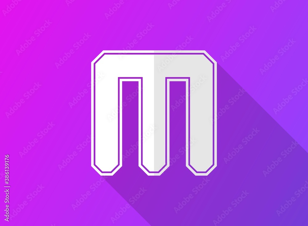 M font letter, modern dynamic design with long shadow on purple gradient background. For logo, brand label, design elements, application and more. Vector illustration M font letter, modern dynamic design with long shadow on purple gradient background. For logo, brand label, design elements, application and more. Vector illustration