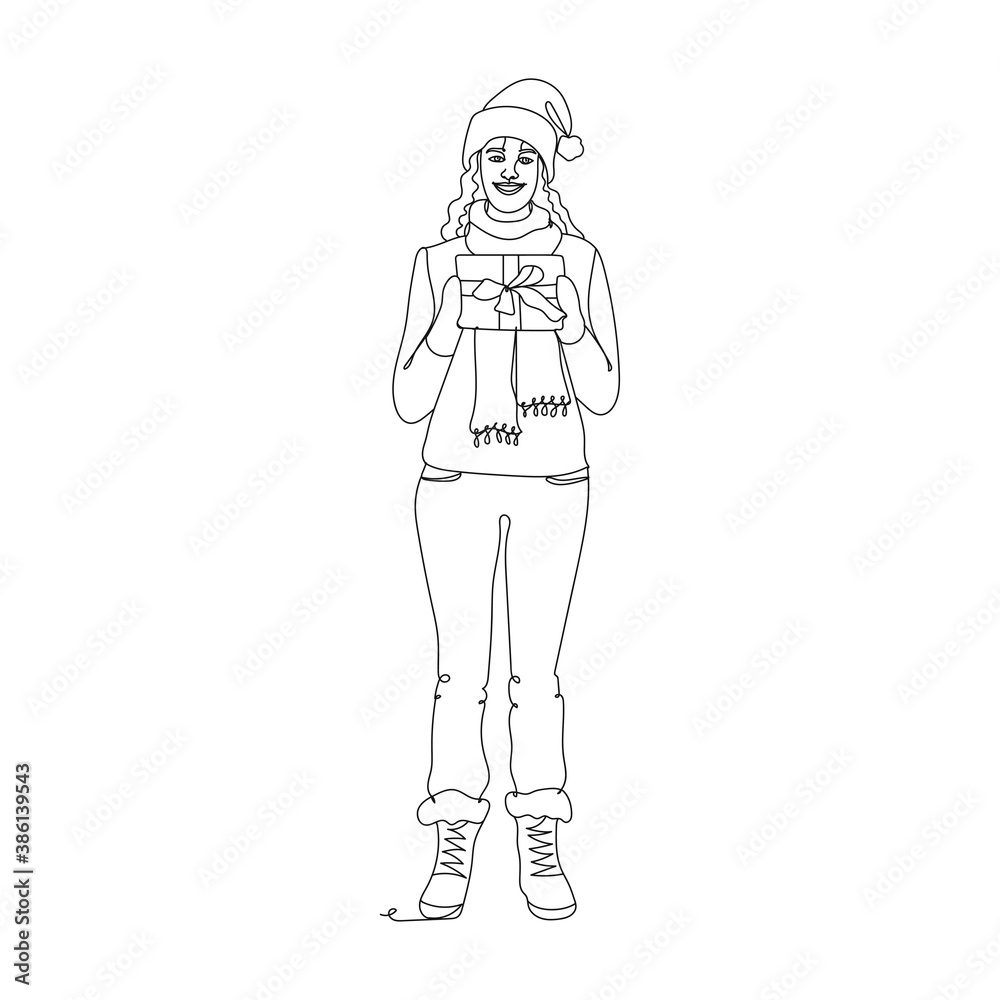 Happy woman with christmas present - one line drawing. Vector illustration continuous line drawing