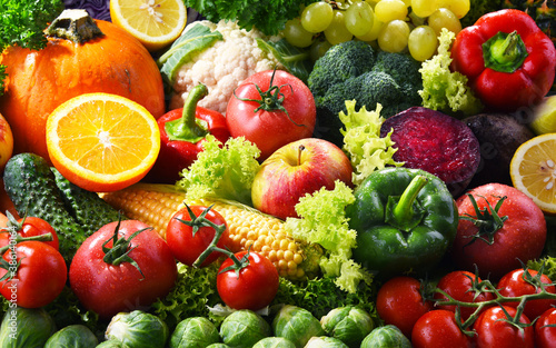 Composition with variety of fresh organic vegetables and fruits