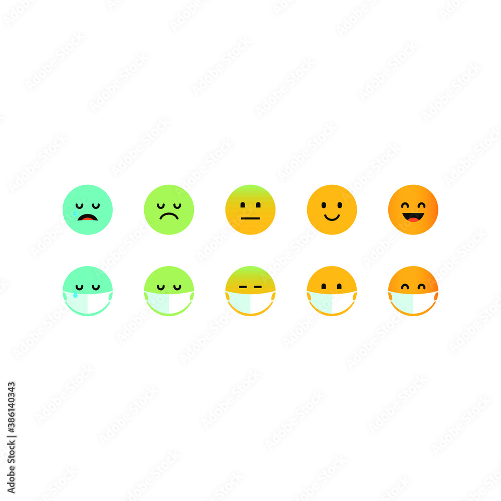 Set of emoticon smile icons including emoticons in protective masks against infection. Cartoon emoji set. Vector emoticon set. Five star, rating icon vector template. Set of emoticon smile icons including emoticons in protective masks against infection. Cartoon emoji set. Vector emoticon set. Five star, rating icon vector template.
